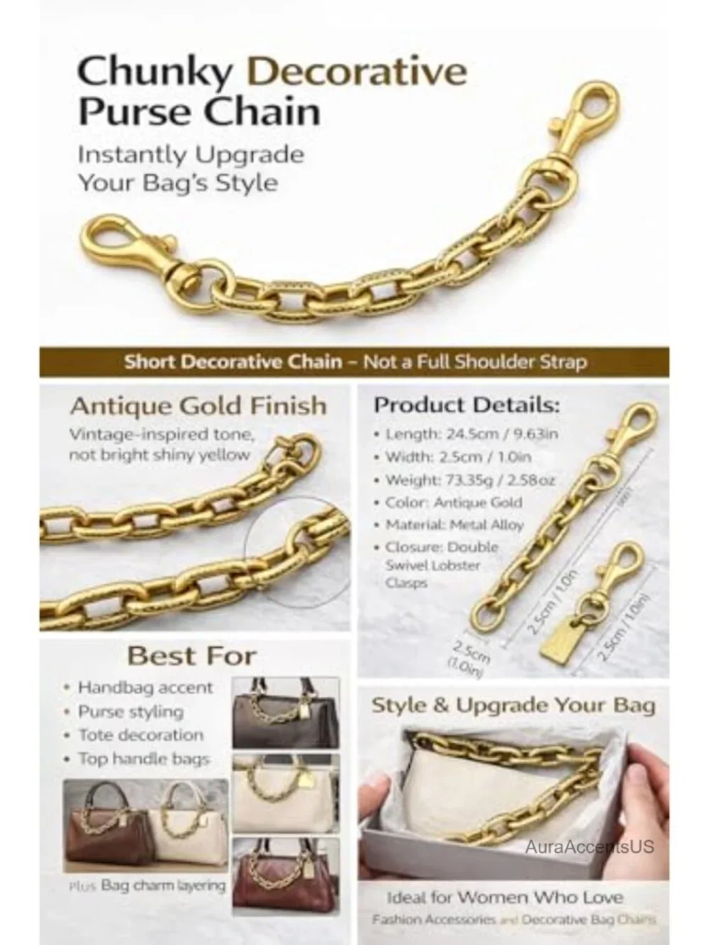 Chunky Decorative Purse Chain with Double Clips - Short Bag Accent for Handbags